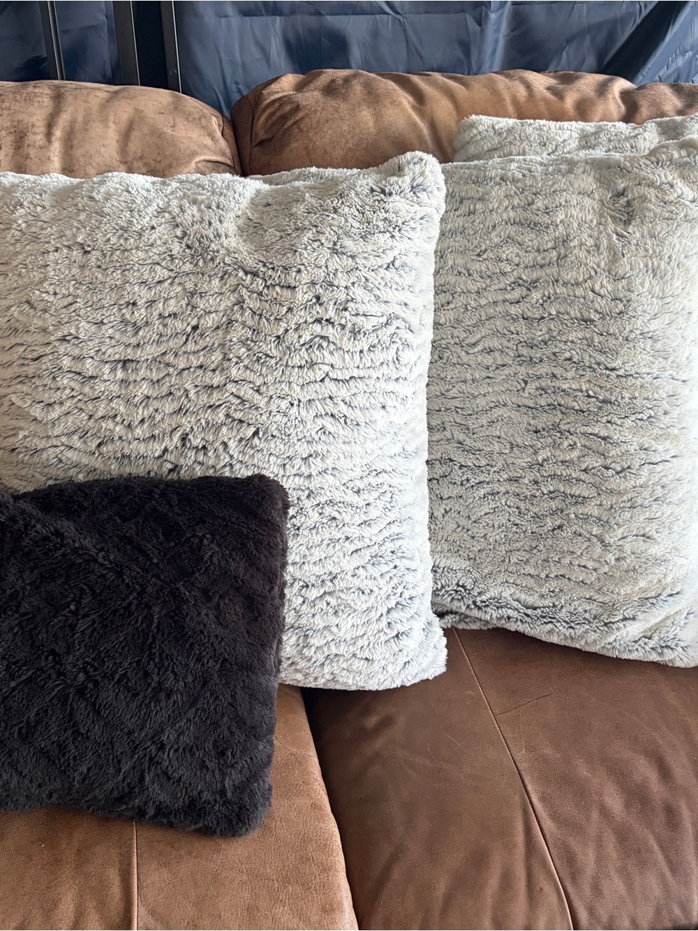 3 white grey and one small black Plush Faux Fur Throw Pillow - Light Gray